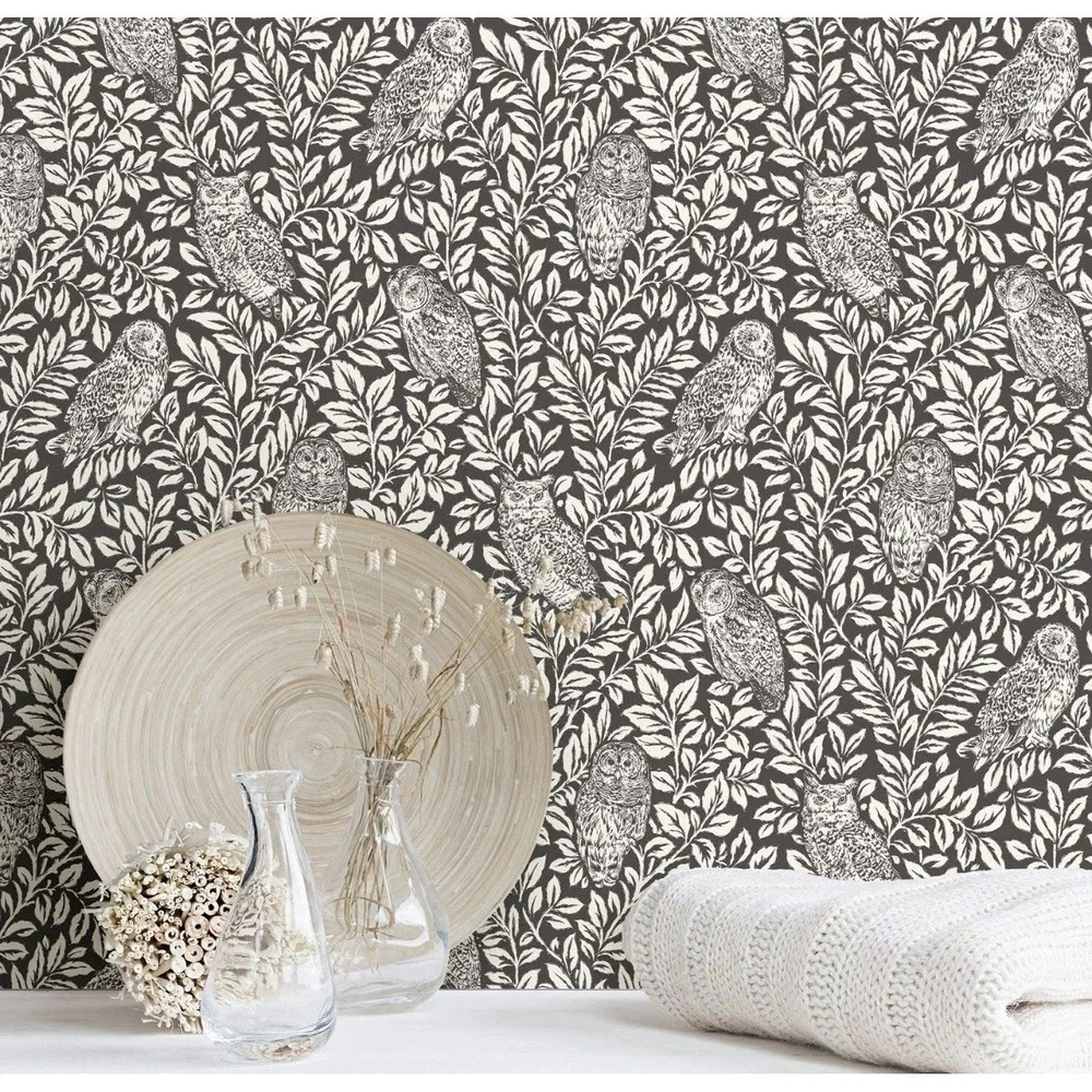 NuWallpaper NUS3625 Sleepy Owls Peel & Stick Wallpaper, Charcoal